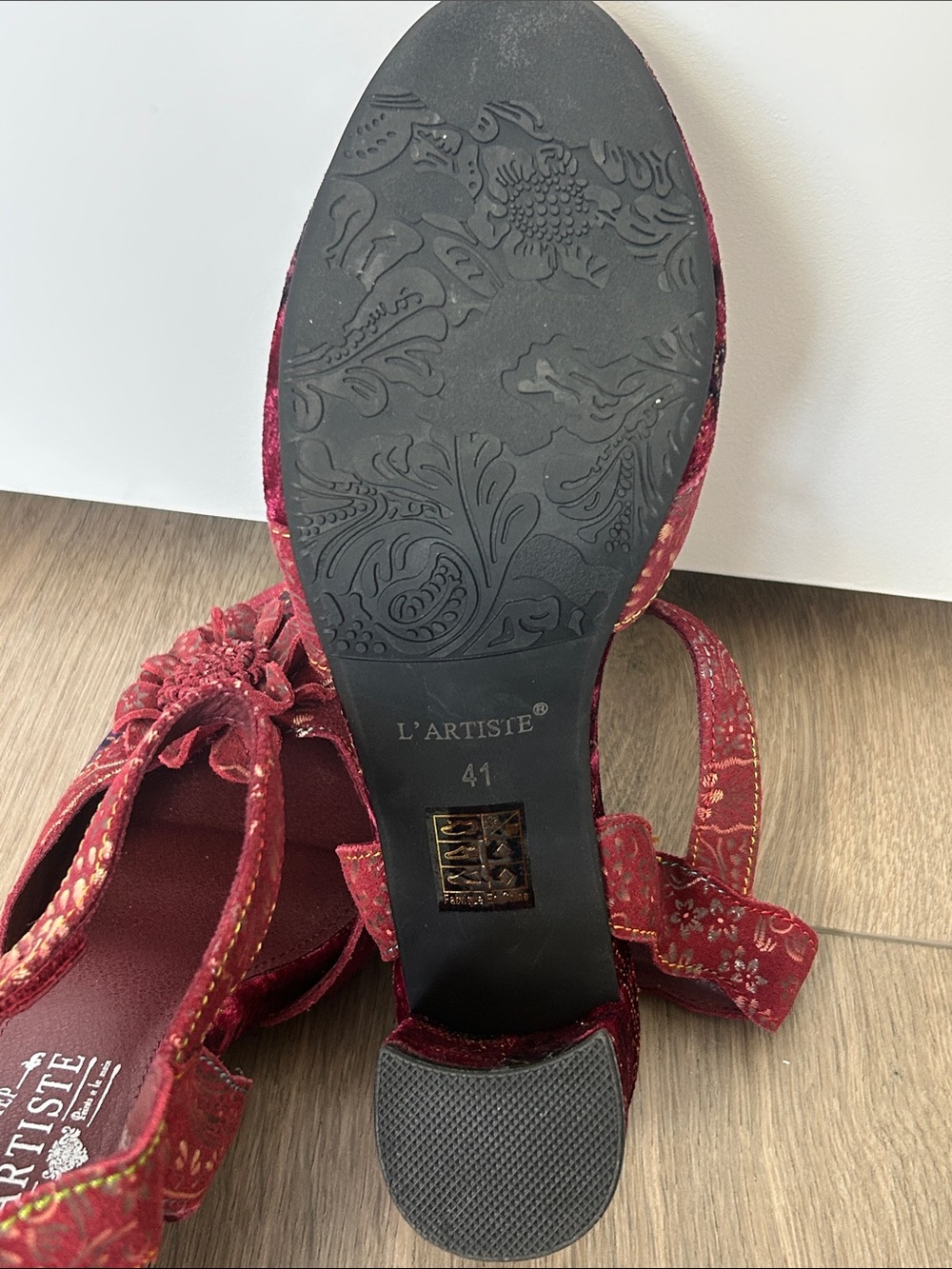 L'ATISTE Burgundy Floral Velvet Ankle-Strap Heels - Picture 8 of 11